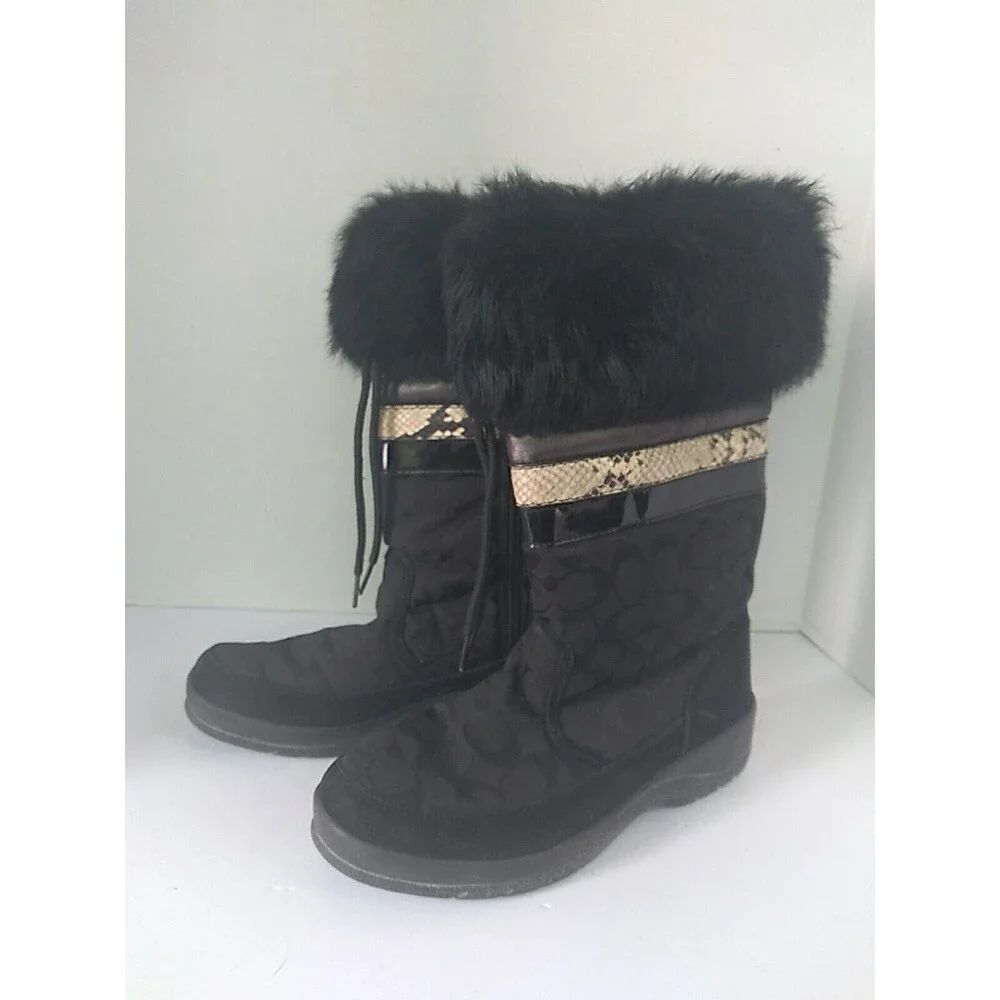 Coach Winter Boots Fur Trim Signature Logo Black Knee High Boots‎ Size 7